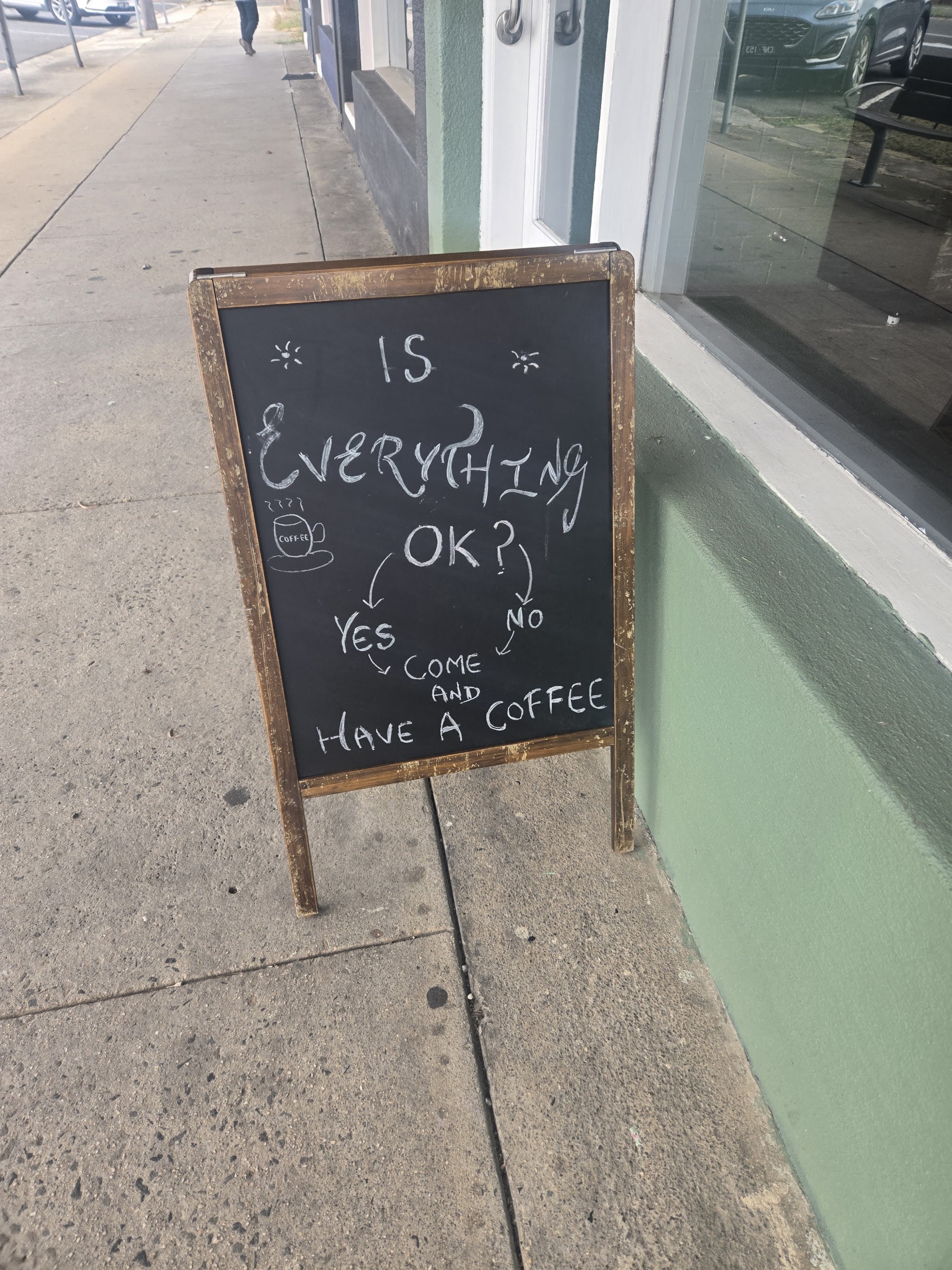 Chalkboard sign on the footpath reading Is everything OK? Yes or no, come and have a coffee